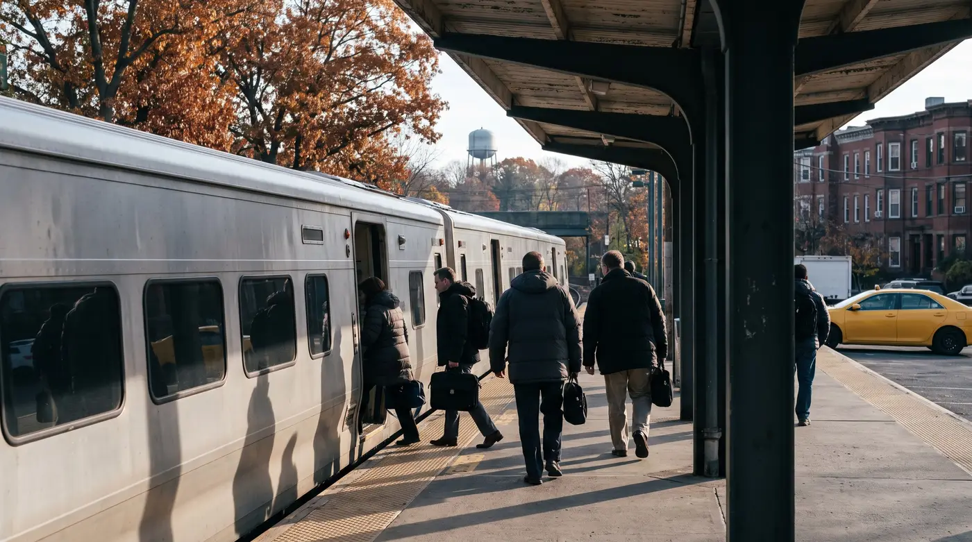 Commuters boarding a train at a suburban Connecticut station in the morning