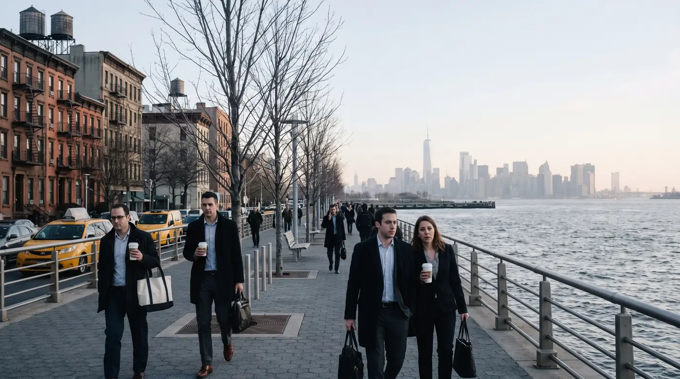 Commuters on a New Jersey waterfront walkway with the Manhattan skyline across the Hudson