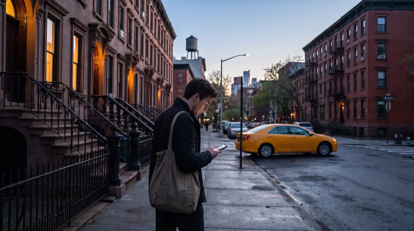 A commuter walking home along a Brooklyn brownstone street at dusk