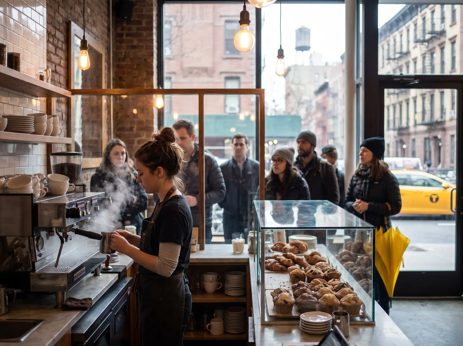 A barista preparing coffee behind the counter of a busy New York City cafe