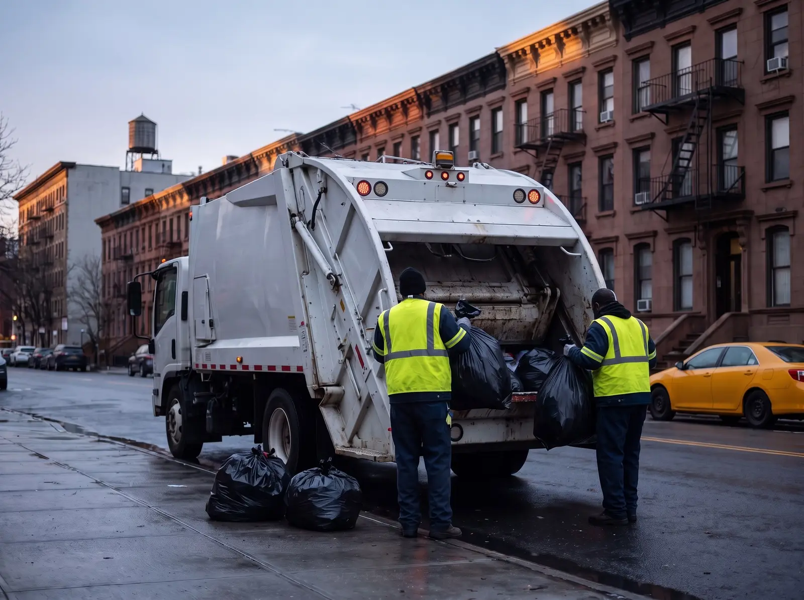 Sanitation workers collecting trash bags from the curb on a residential block at dawn