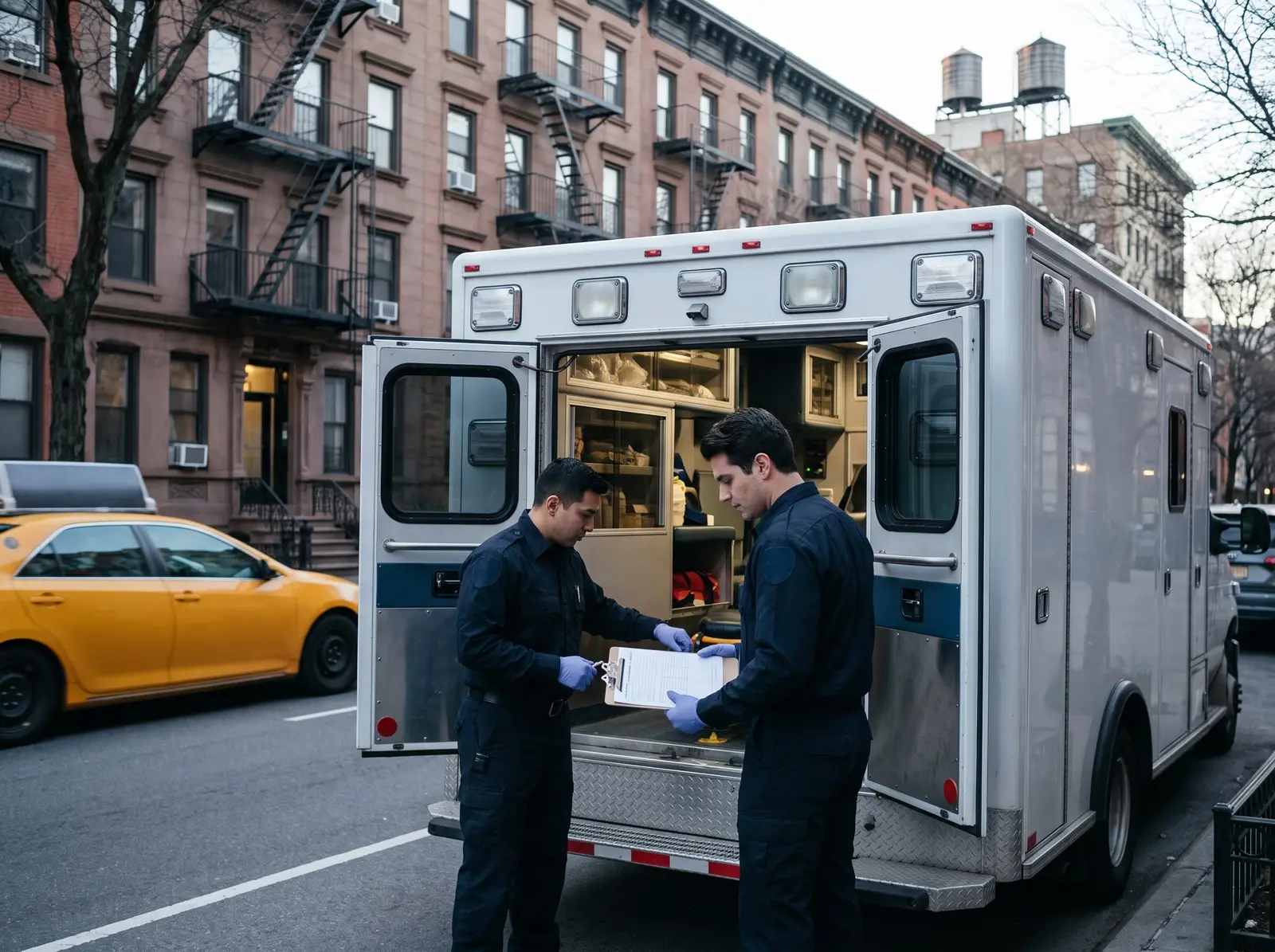 Two EMTs restocking their ambulance on a New York City street