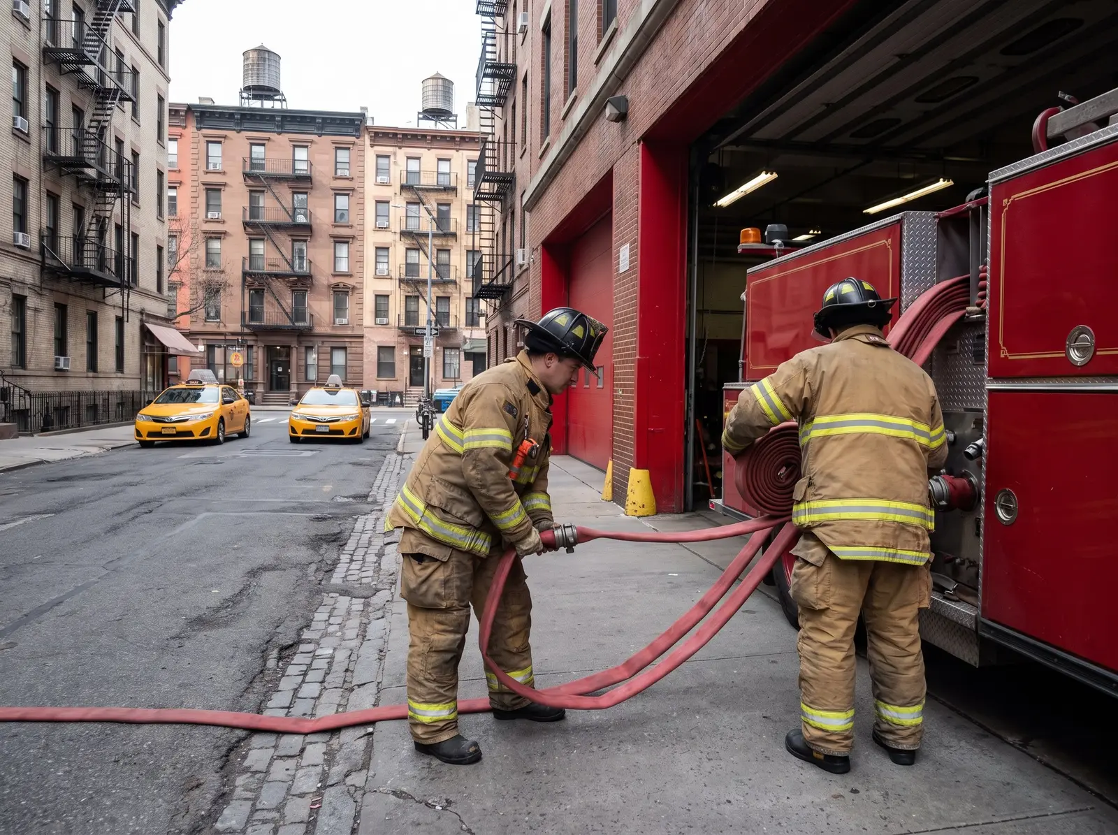 Firefighters checking equipment beside a fire engine outside a brick firehouse