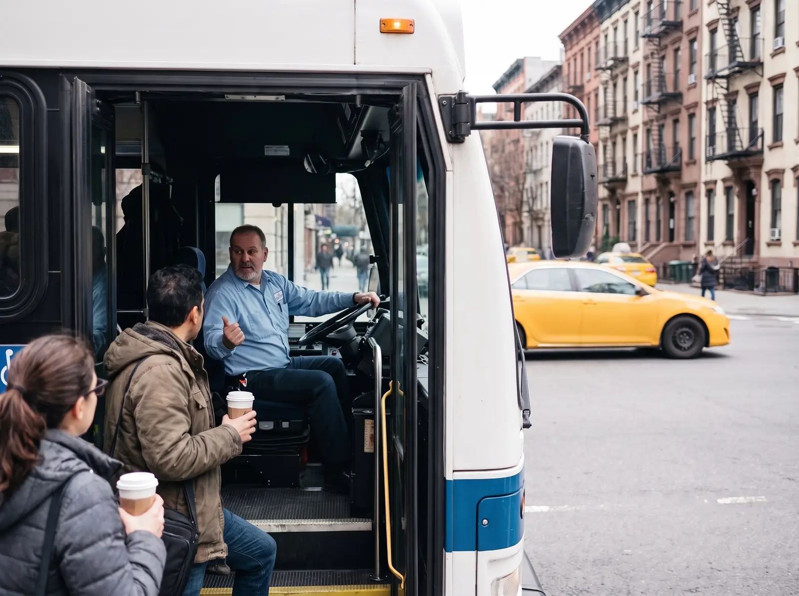 A bus operator at the wheel of a city bus at a Manhattan stop