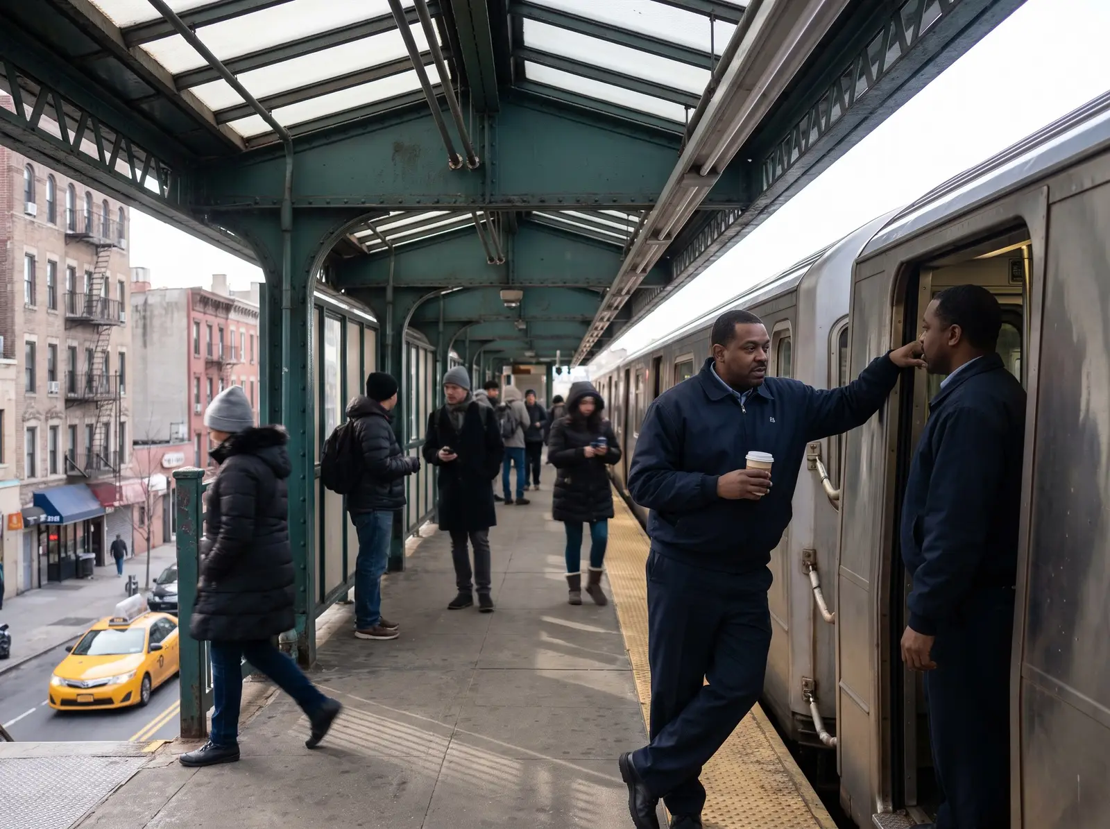A subway train operator talking with a colleague at the cab door on an elevated platform