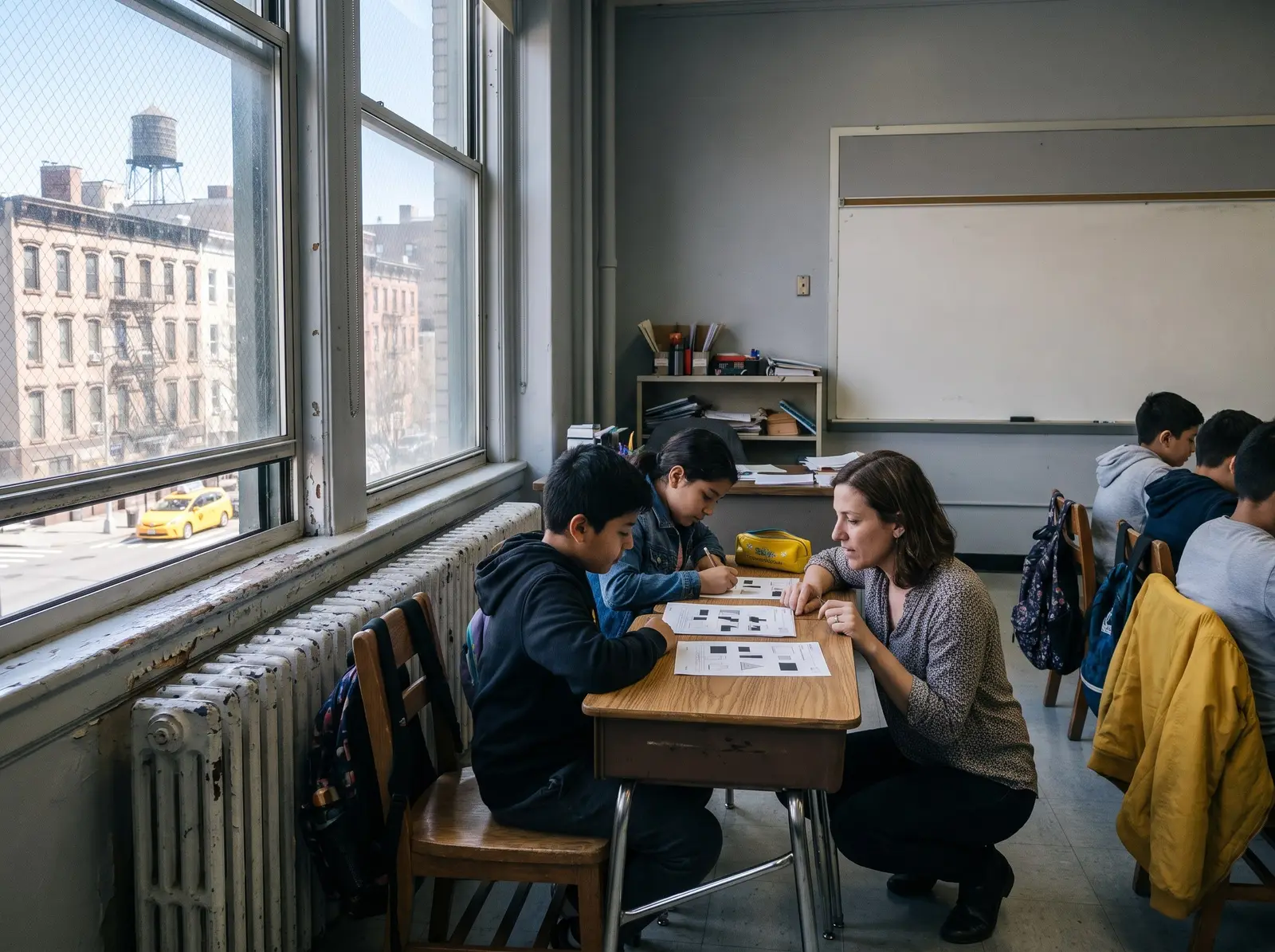 A teacher helping students at their desks in a sunlit New York City classroom