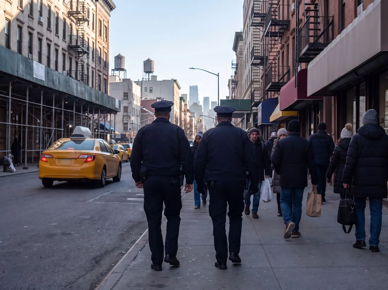 Two police officers on foot patrol along a Manhattan avenue in the morning