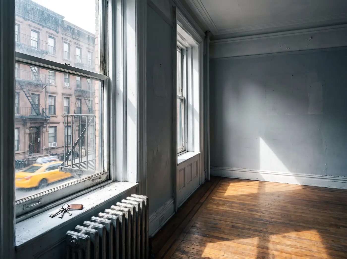 An empty, sunlit prewar apartment in New York City with keys on the windowsill